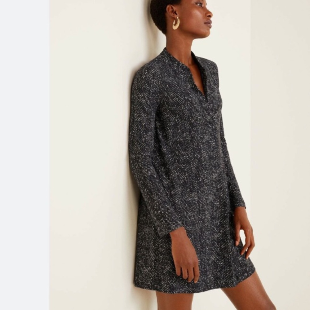 Mango Herringbone Shift Deep  V Neck Dress with Asian collar